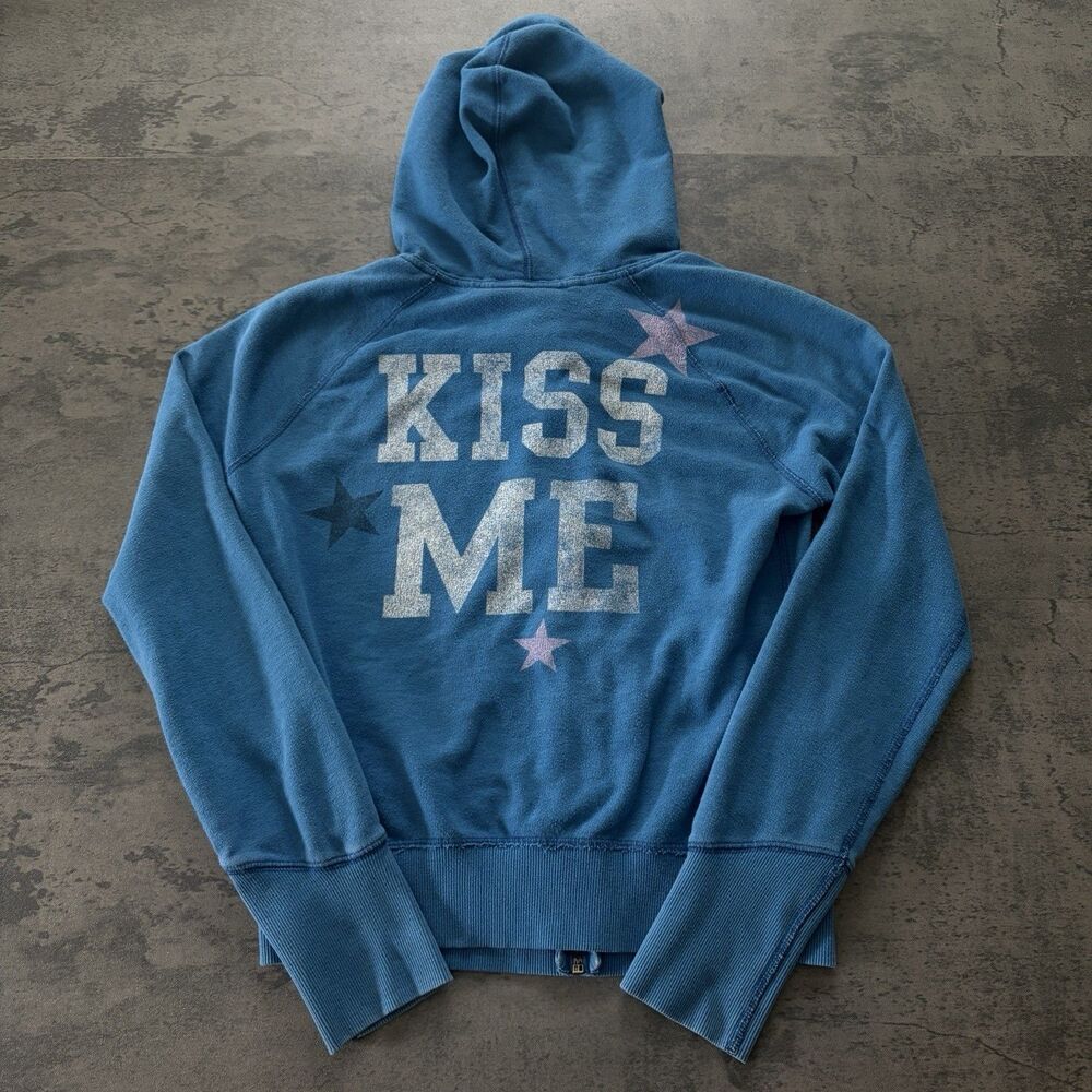 Y2K Victoria's Secret Pink Blue Kiss Me Full Zip Up Sweatshirt Hoodie Sz M